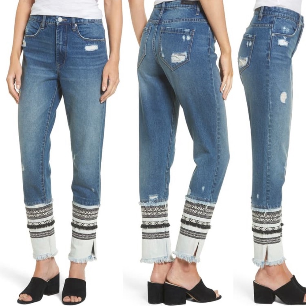 BlankNYC Embroidered High Rise Tapered Distressed Ankle Jeans Blue Denim Sz 24